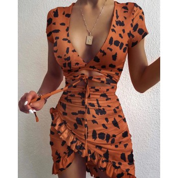 Cryptographic Floral Print Fashion Tie Up Wrap Mini Dress 2020 Summer Holiday Ruffles Sundress Ruched Women's Dress Short Sleeve